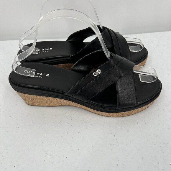 Cole Haan Women's Black Leather Cork Wedge Sandals Size 9.5B - Picture 2 of 11